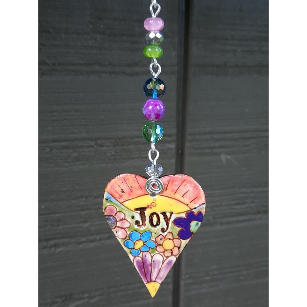 Artisan Ceramic Heart Beaded Suncatcher JOY Vibrant Crystals Diffuser Floral NEW